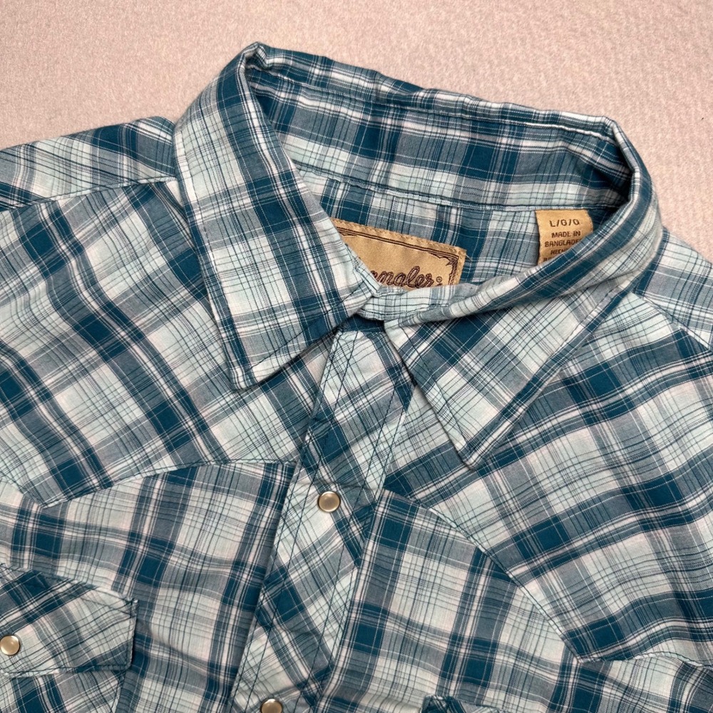 Wrangler Western Shirt Mens Large Teal Plaid Short Sleeve Pearl Snap Yoke